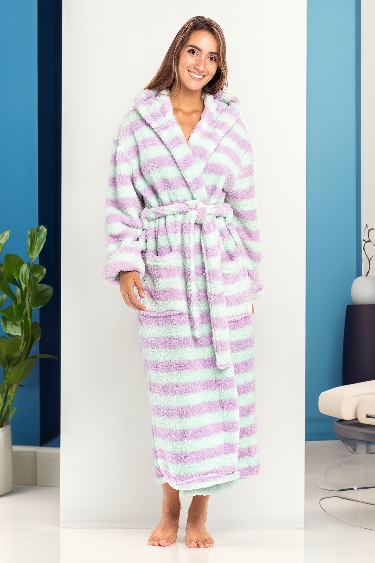 Women's Purple Pastel Stripes Plush Fleece Hooded Robe, Shaggy Feather Long Bathrobe