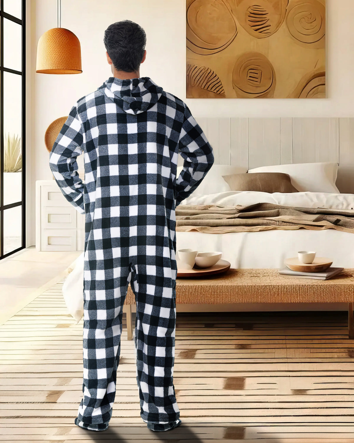 Men's Buffalo Check White Black Plaid Hooded Footed Adult Onesie Pajamas, Plush Winter PJs with Hood