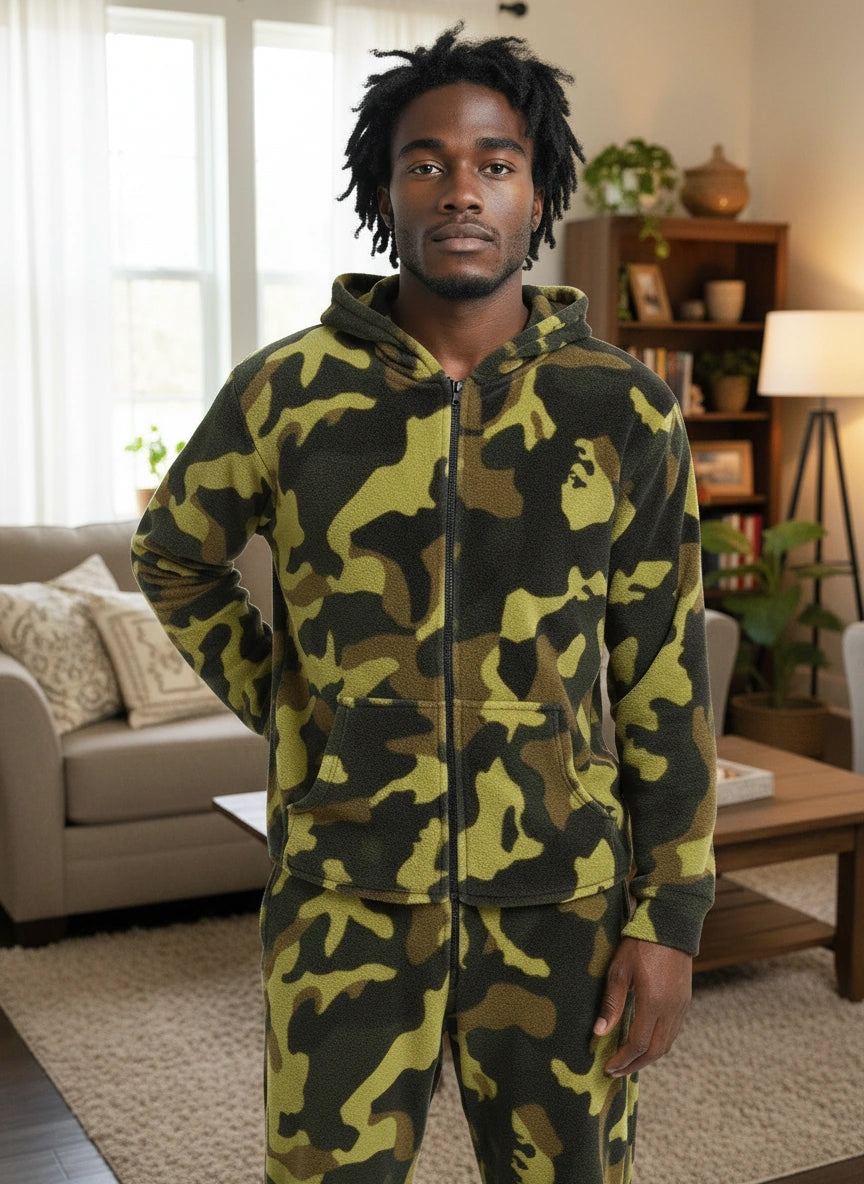 Men's Green Camouflage Hooded Footed Adult Onesie Pajamas, Plush Winter PJs with Hood
