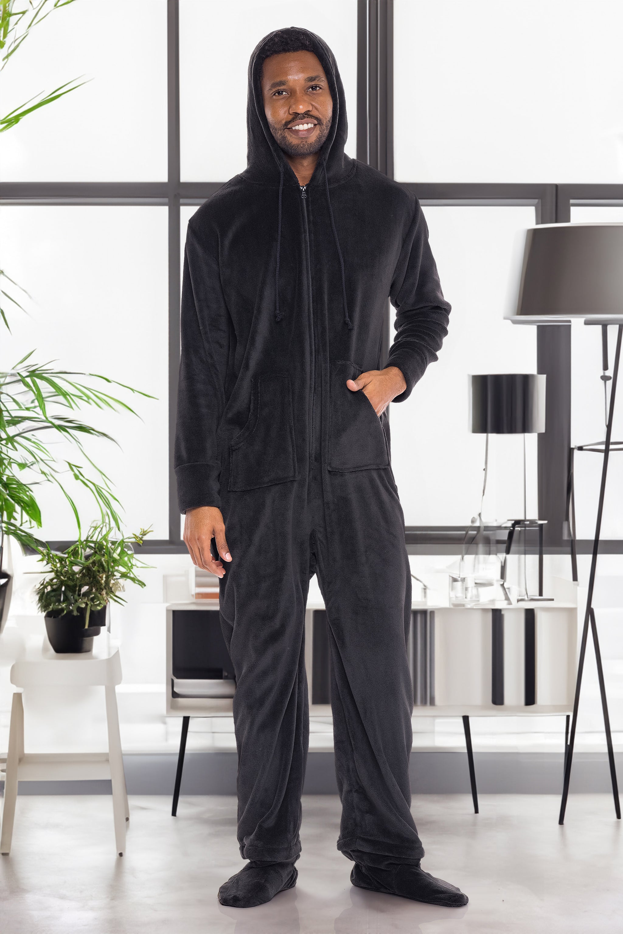 ADR Men's Plush Fleece One Piece Hooded Footed Zipper Pajamas Set