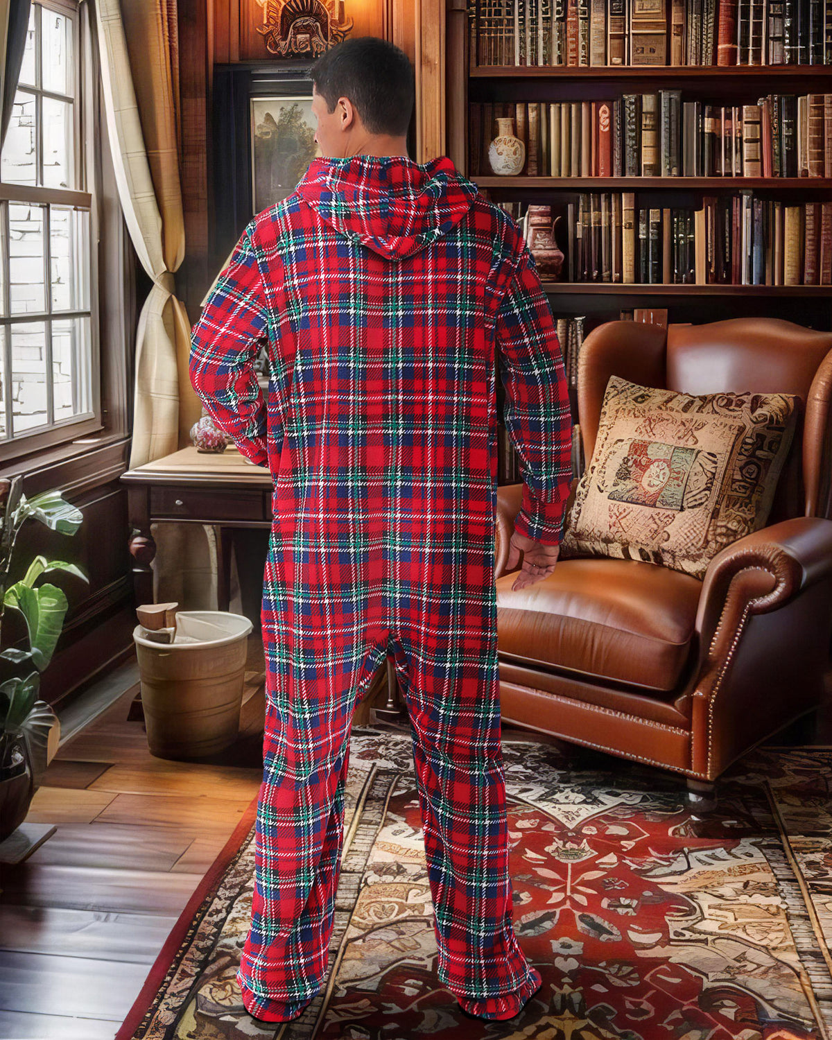 Men's Stewart Tartan Plaid Hooded Footed Adult Onesie Pajamas, Plush Winter PJs with Hood