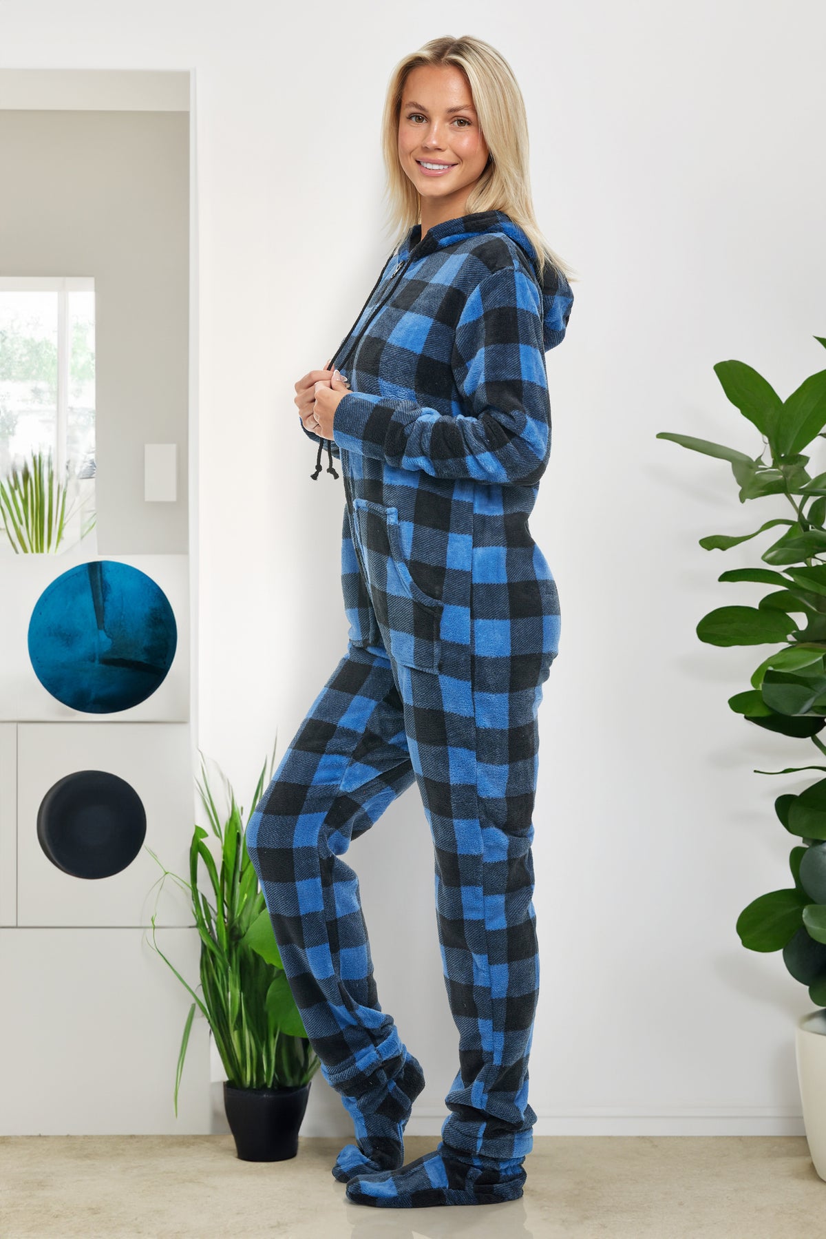 Women's Blue Buffalo Check Plaid Hooded Footed Pajamas, Plush Adult Onesie, Winter PJs with Hood