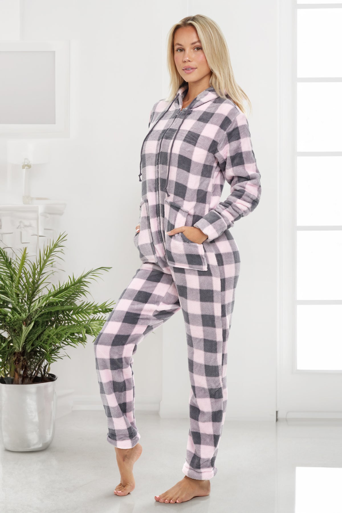 Women's Buffalo Check Plaid Pink Hooded Footed Pajamas, Plush Adult Onesie, Winter PJs with Hood