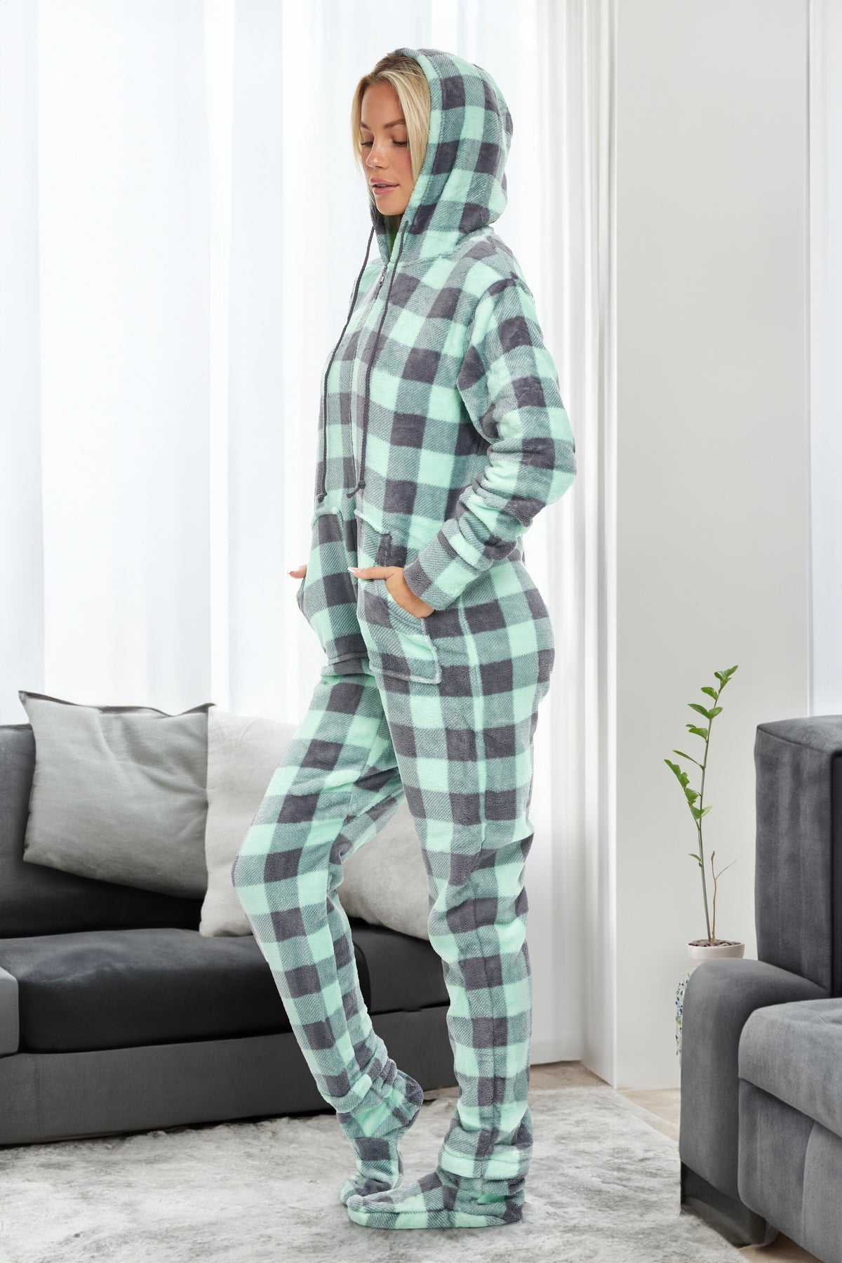 Women's Buffalo Check Sage Plaid Hooded Footed Pajamas, Plush Adult Onesie, Winter PJs with Hood