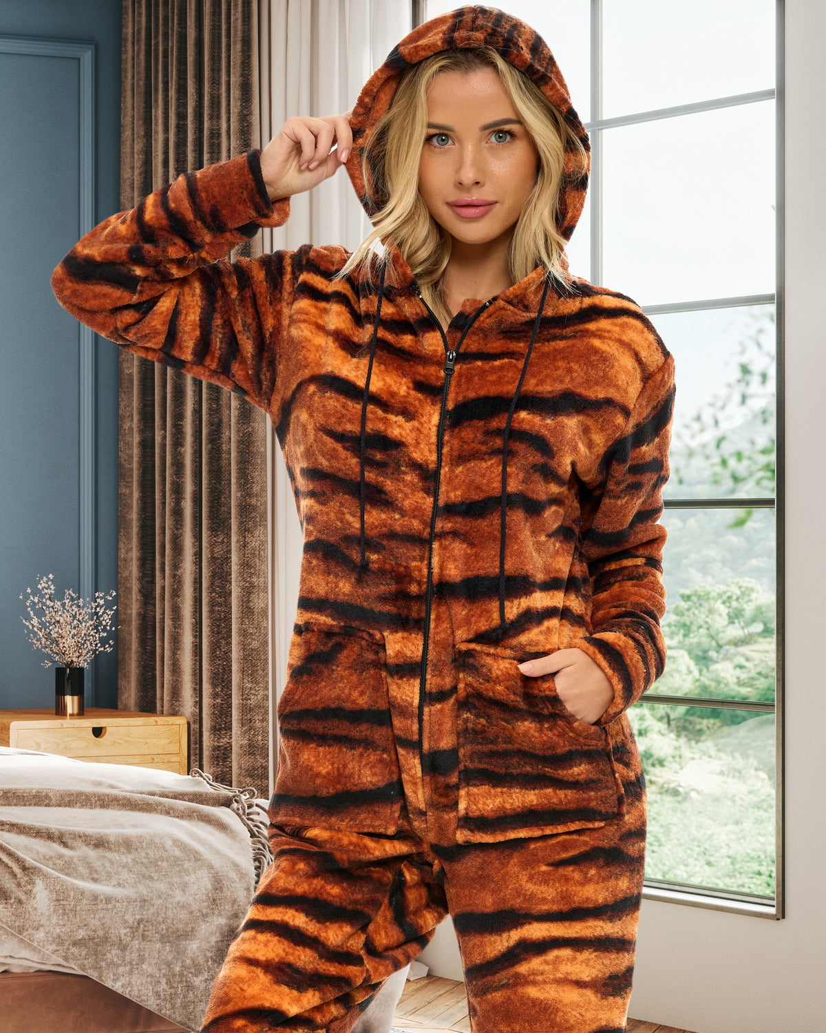Women's Bengal Tiger Hooded Footed Pajamas, Plush Adult Onesie, Winter PJs with Hood