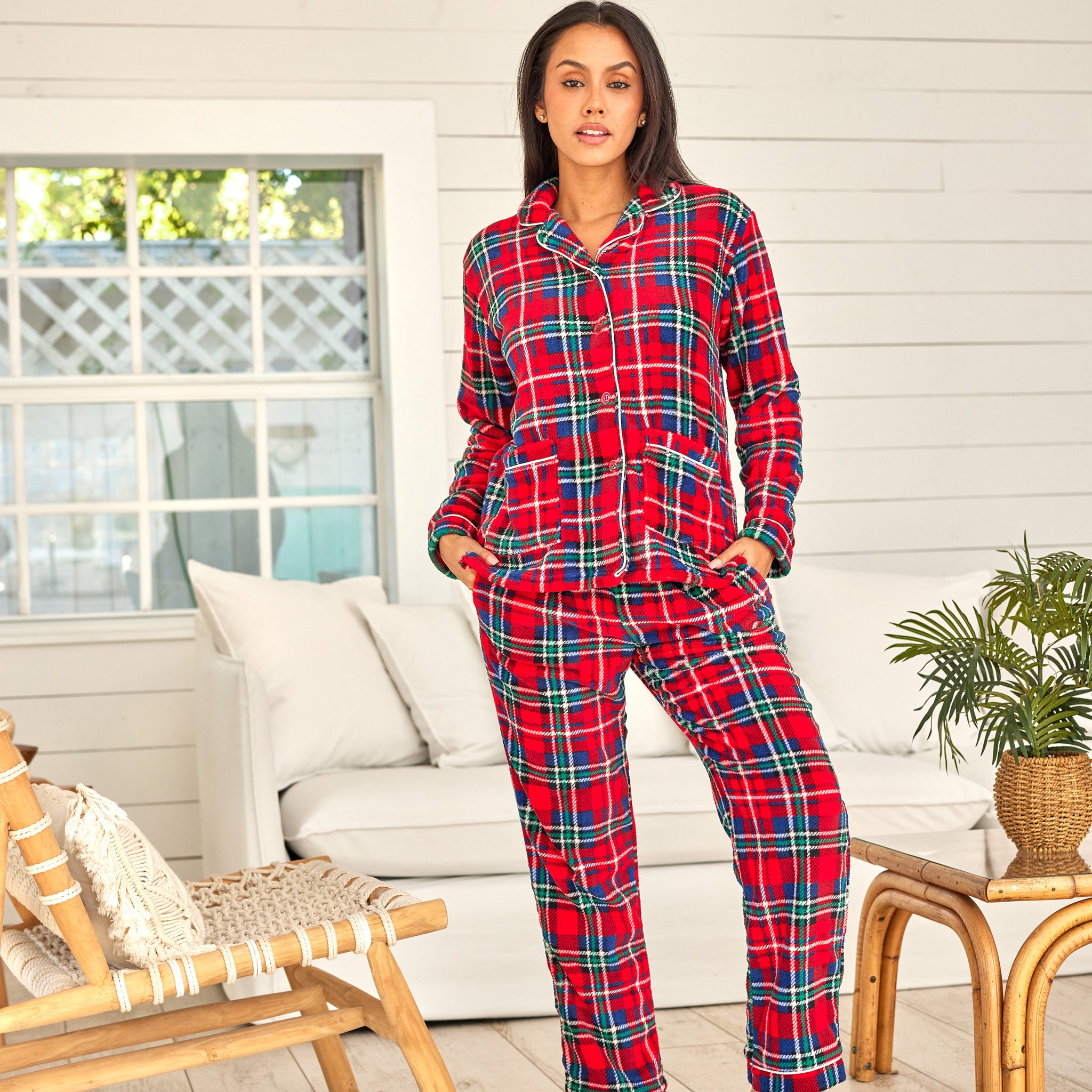 Casual Nights Women's Flannel Long Sleeve Button Down Pajama Set   Purple Plaid Lah70prpl