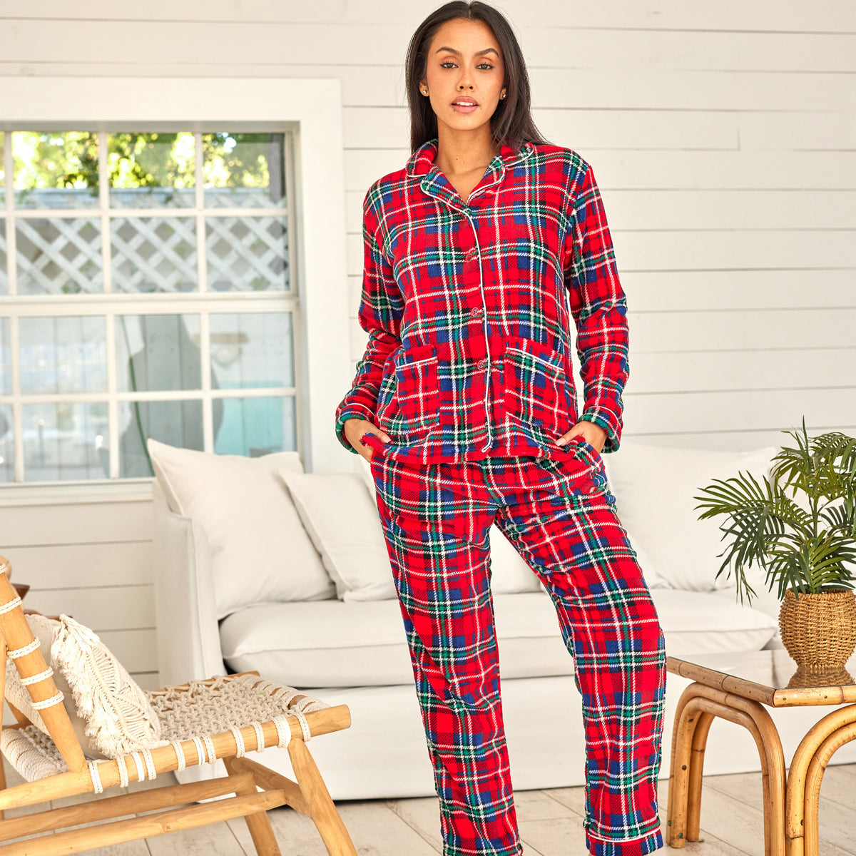Women's Stewart Tartan Plaid Soft Warm Fleece Pajamas Plush Lounge Set, Long Sleeve Top and Pants, PJ
