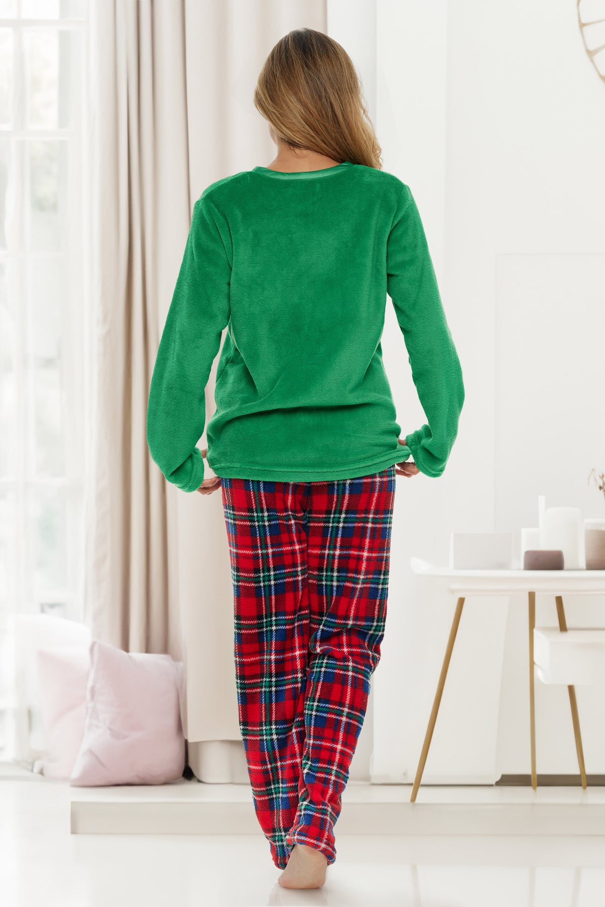 Women's Stewart Tartan Plaid Soft Warm Fleece Pajamas Plush Lounge Set, Long V Neck Top and Pants, PJ