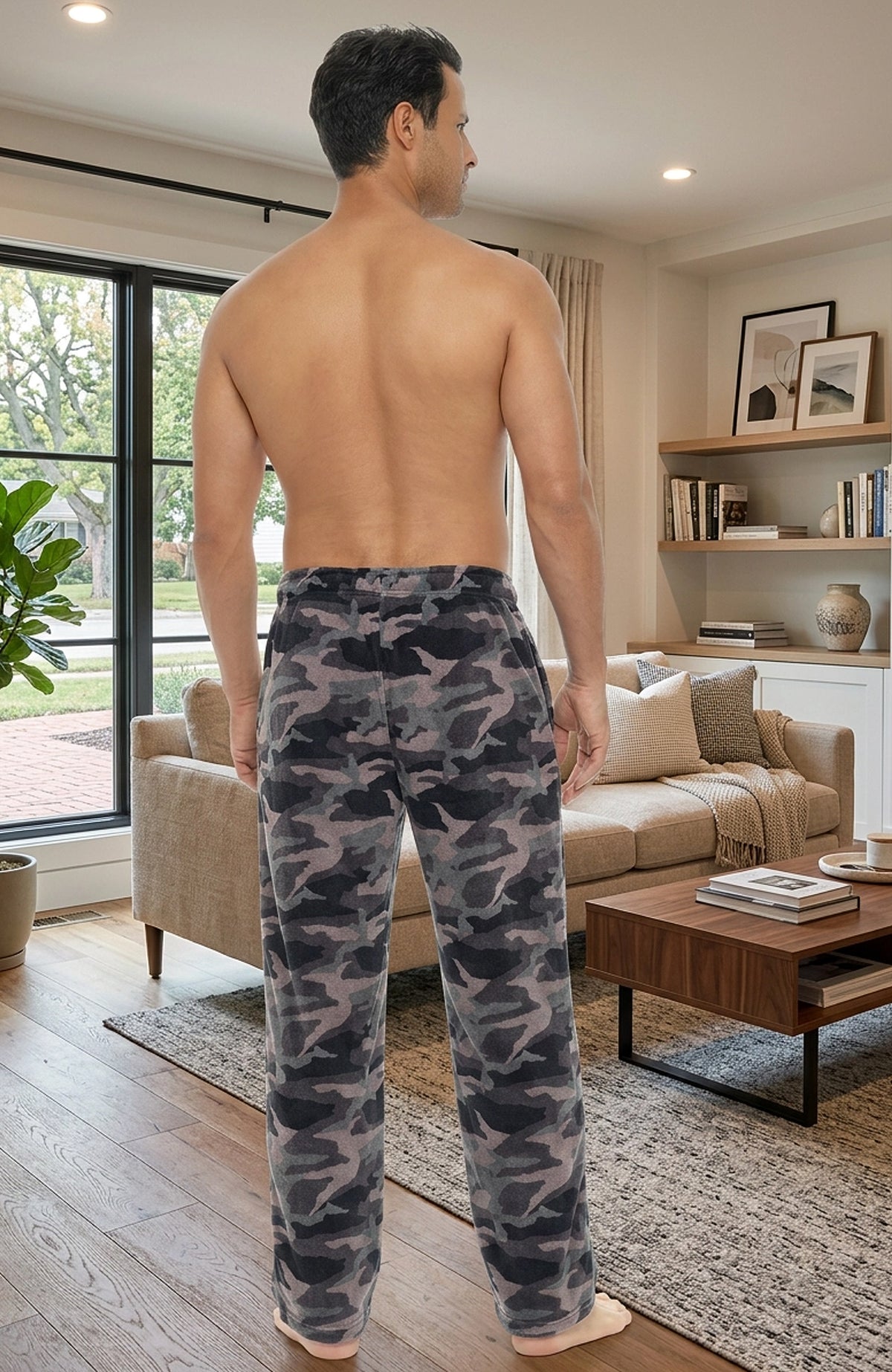 Men's Black Gray Camouflage Soft Plush Fleece Pajama Pants, Warm Long Lounge Bottoms