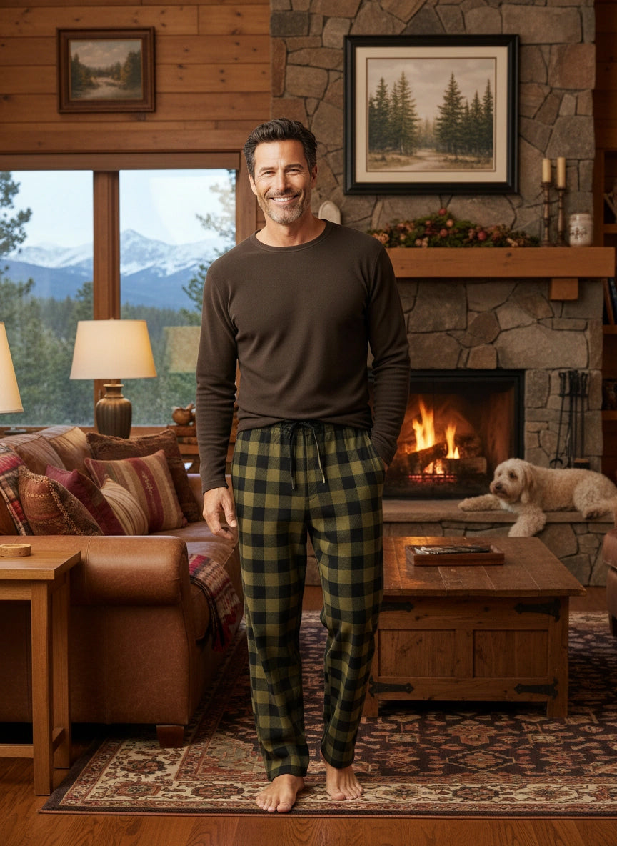 Men's Military Buffalo Check Plaid Soft Plush Fleece Pajama Pants, Warm Long Lounge Bottoms