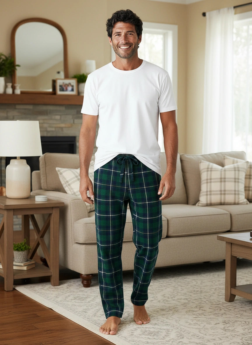 Men's Hunter Green Plaid Soft Plush Fleece Pajama Pants, Warm Long Lounge Bottoms