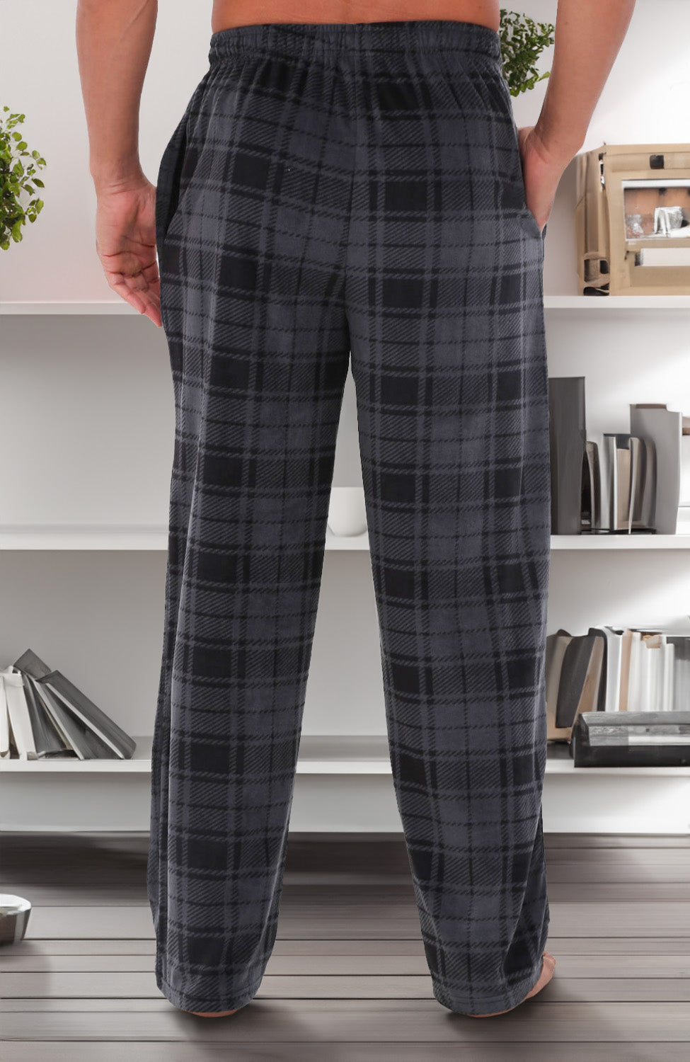 Men's Gray Plaid Soft Plush Fleece Pajama Pants, Warm Long Lounge Bottoms