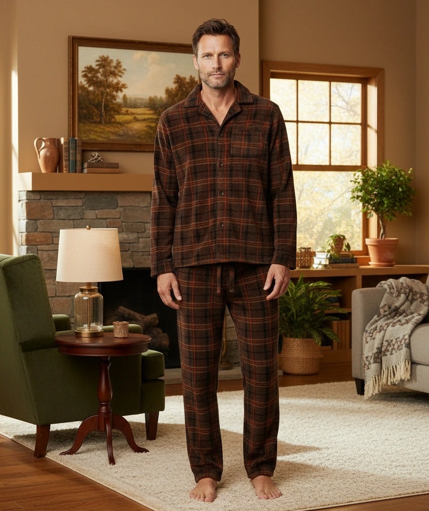 Men's Espresso Plaid Plush Fleece Pajamas Set, Button Down PJs for Winter