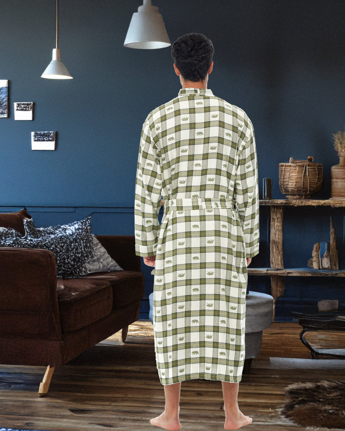 Men's Rustic Bear Green Wilderness Plaid Classic Cotton Flannel Robe with Pockets, Winter Bathrobe