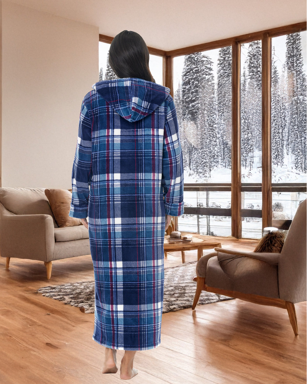 Women's Purple Tartan Plaid Zip Up Fleece Robe with Hood, Oversized Hooded Bathrobe with Two Way Zipper