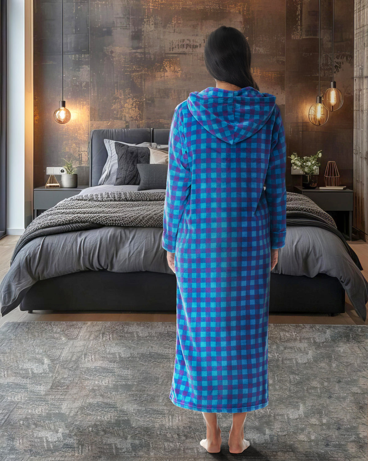 Women's Twilight Gingham Check Zip Up Fleece Robe with Hood, Oversized Hooded Bathrobe with Two Way Zipper