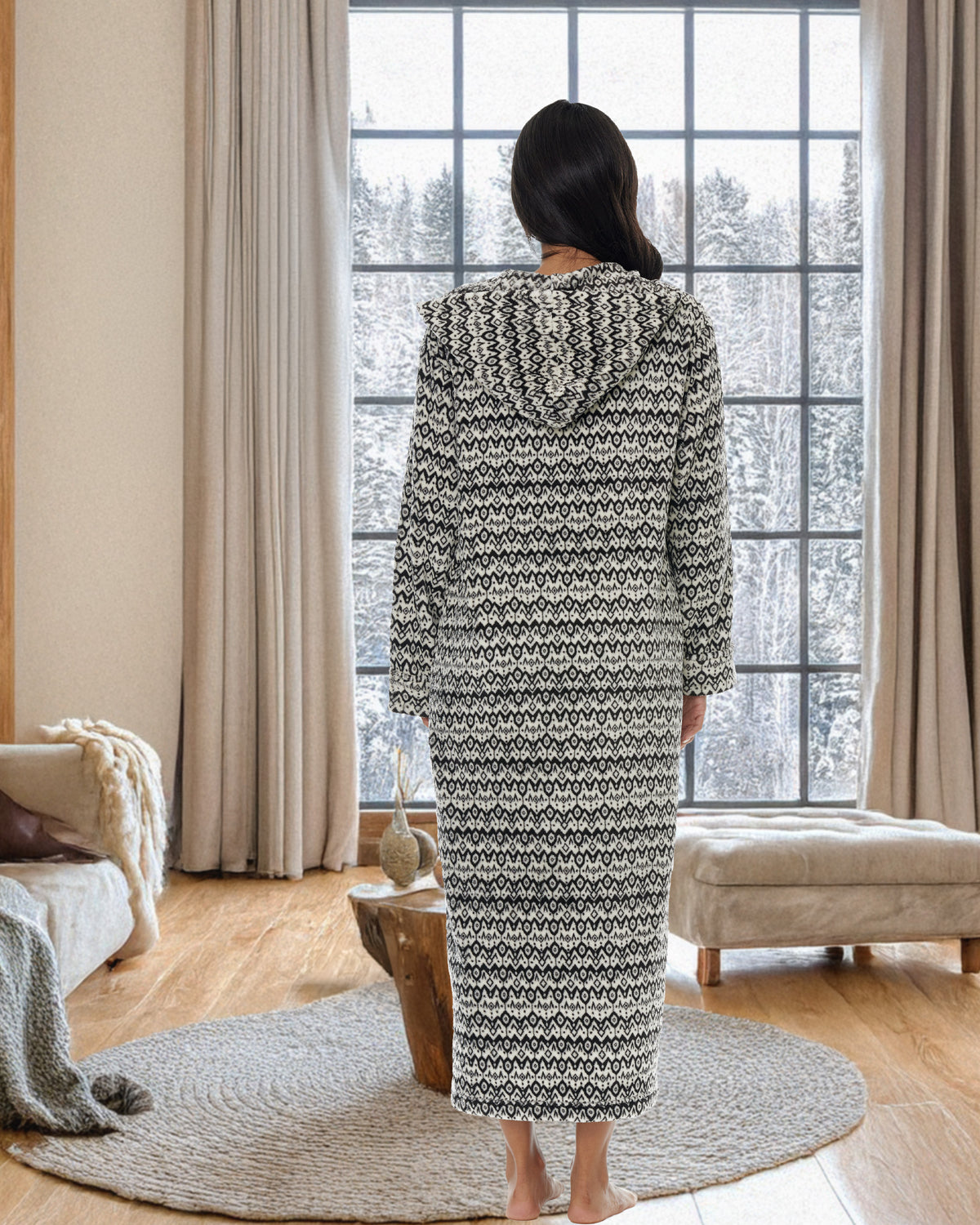 Women's Savanna Rhythm Zip Up Fleece Robe with Hood, Oversized Hooded Bathrobe with Two Way Zipper