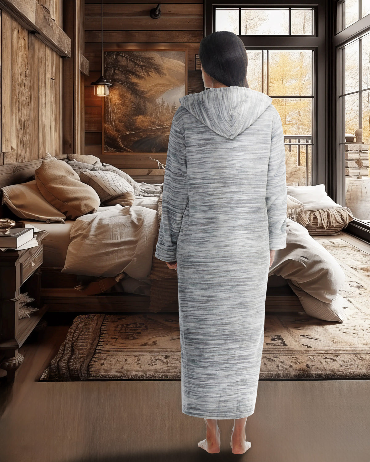 Women's Light Heathered Gray Zip Up Fleece Robe with Hood, Oversized Hooded Bathrobe with Two Way Zipper