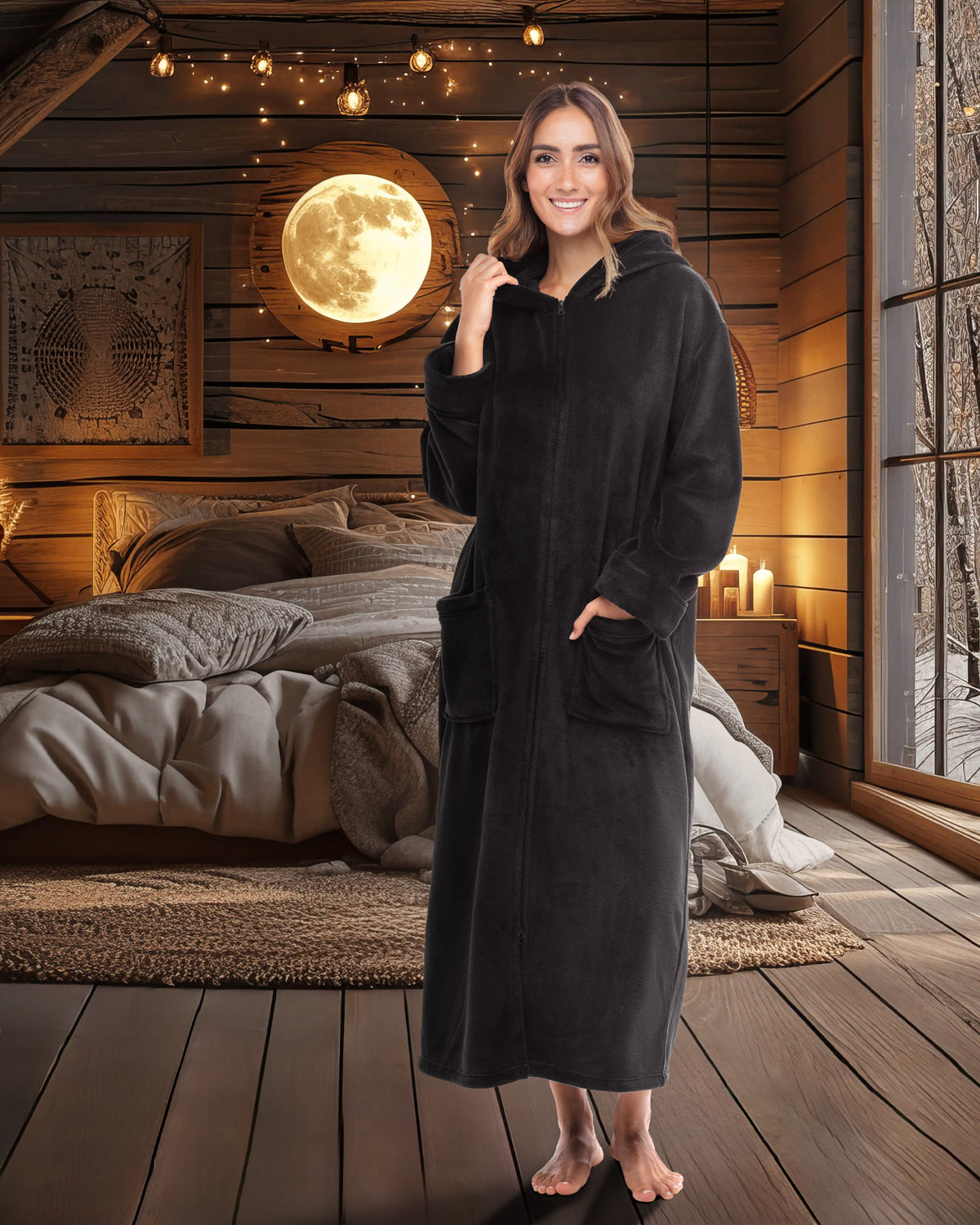 Women's Black Zip Up Fleece Robe with Hood, Oversized Hooded Bathrobe with Two Way Zipper
