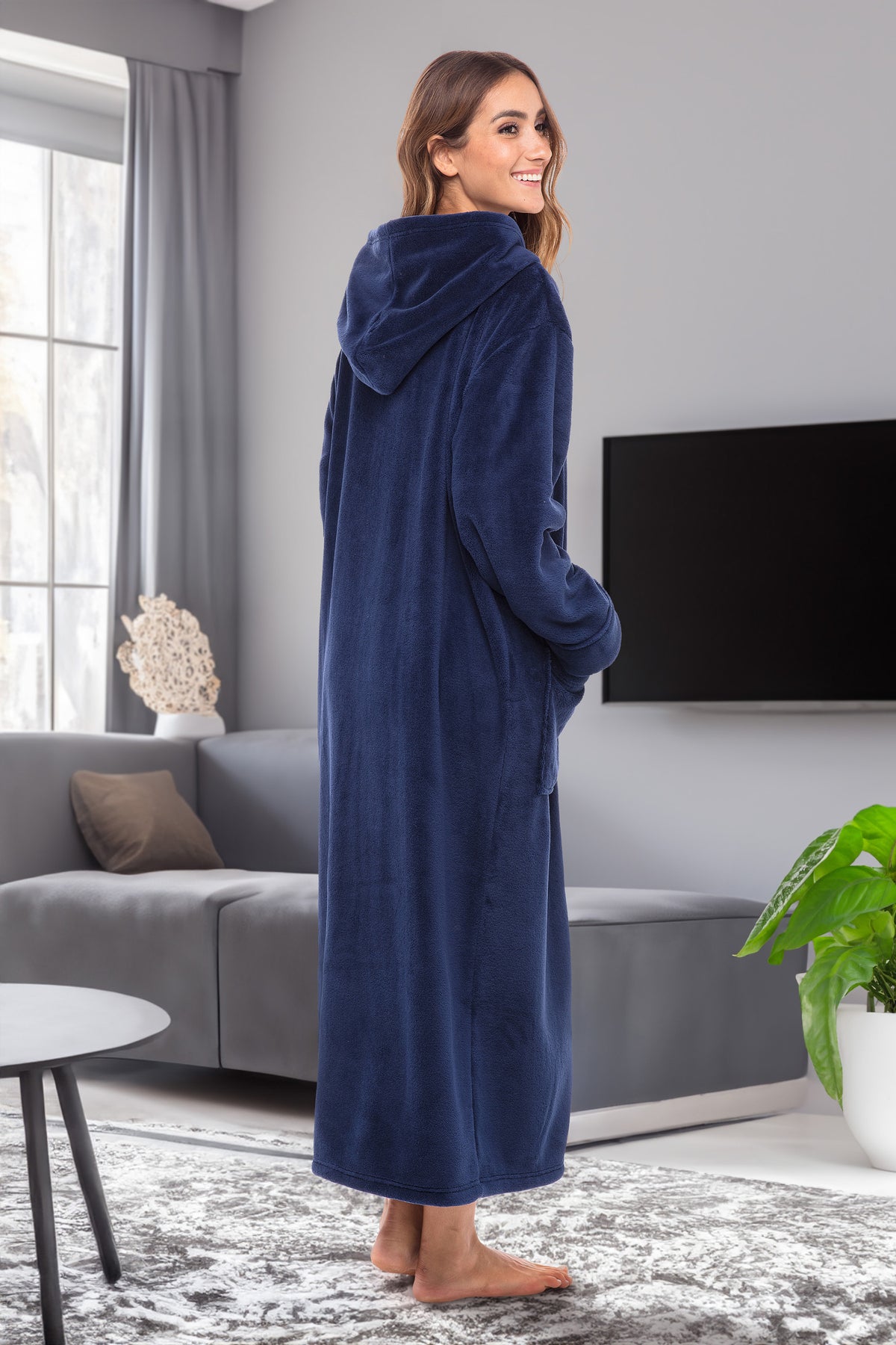 Women's Navy Blue Zip Up Fleece Robe with Hood, Oversized Hooded Bathrobe with Two Way Zipper