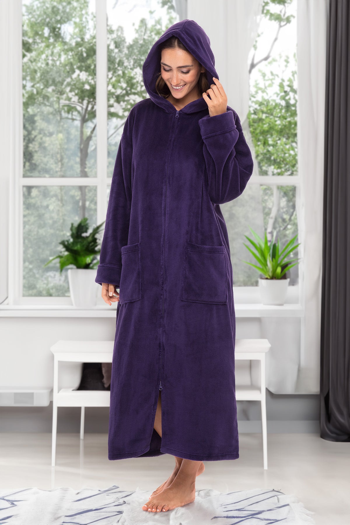 Women's Purple Zip Up Fleece Robe with Hood, Oversized Hooded Bathrobe with Two Way Zipper