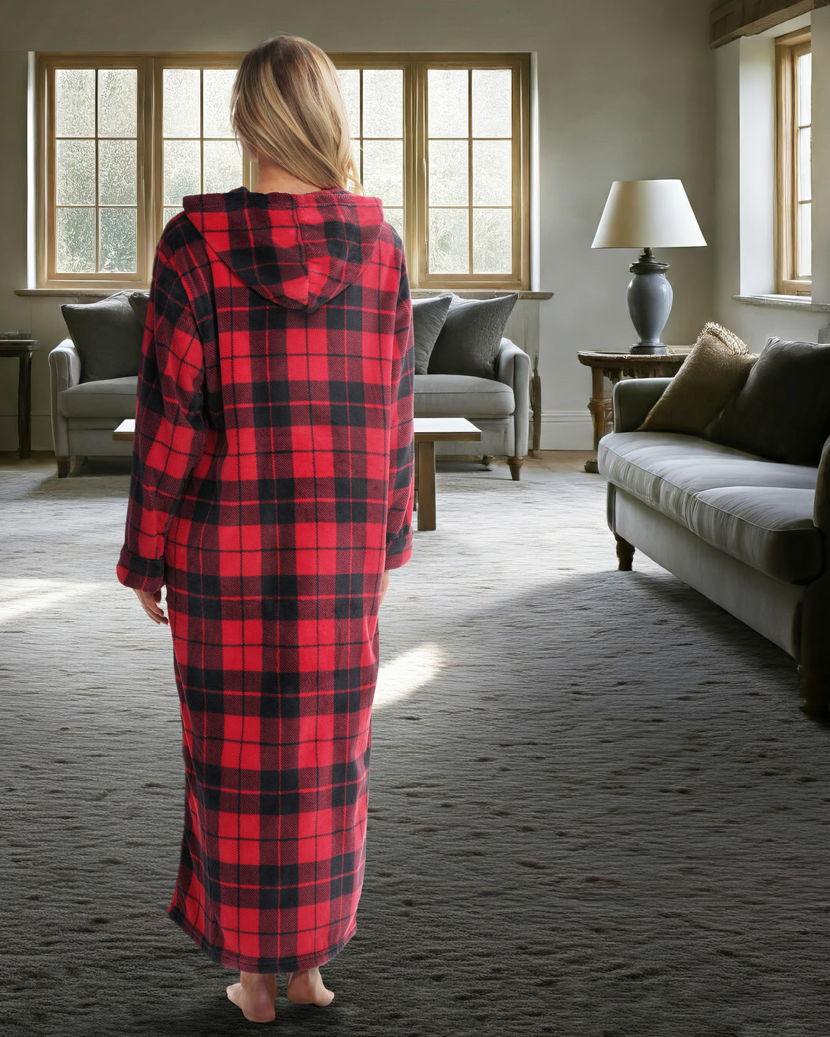 Women's Red Black Plaid Zip Up Fleece Robe with Hood, Oversized Hooded Bathrobe with Two Way Zipper