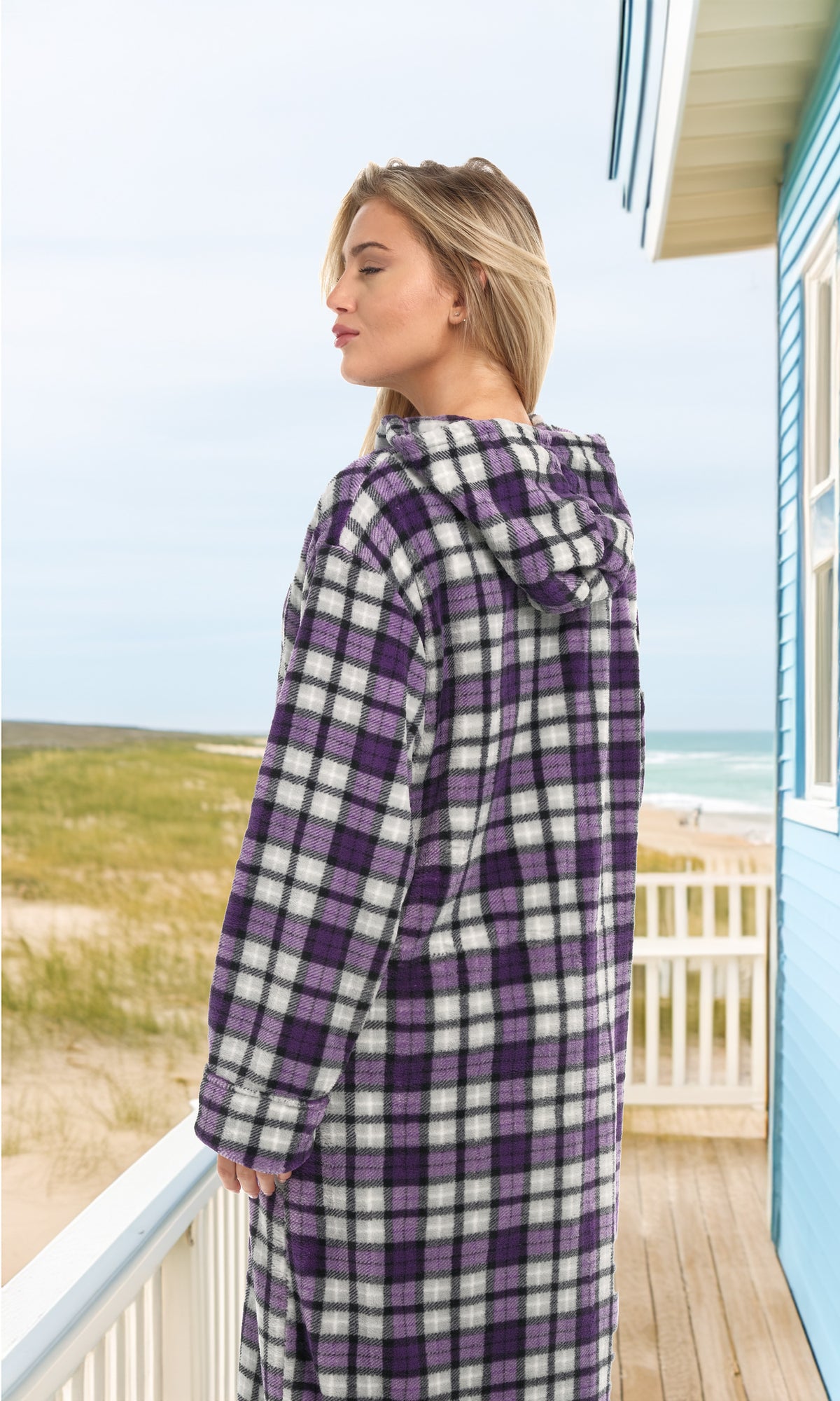 Women's Lavender Tartan Plaid Zip Up Fleece Robe with Hood, Oversized Hooded Bathrobe with Two Way Zipper