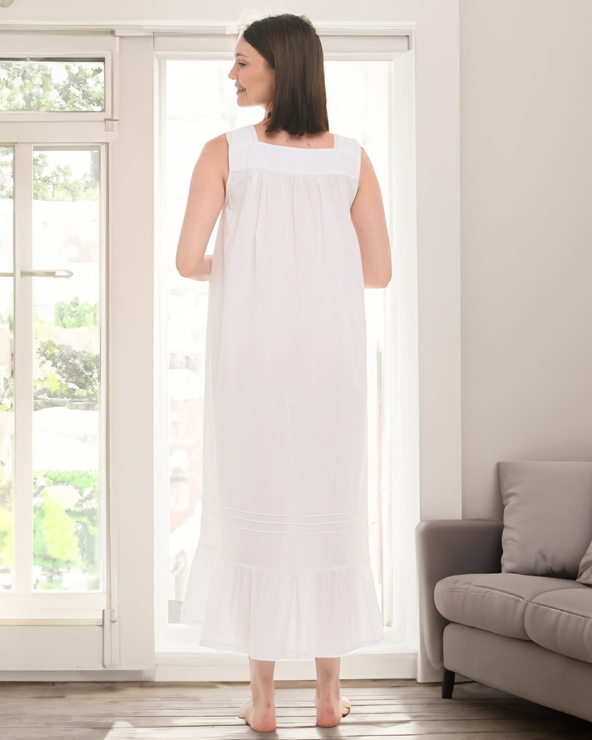 Women's White Version 2 Cotton Victorian Nightgown, Gwendoline Sleeveless Lace Trimmed Button Up Long Nightshirt