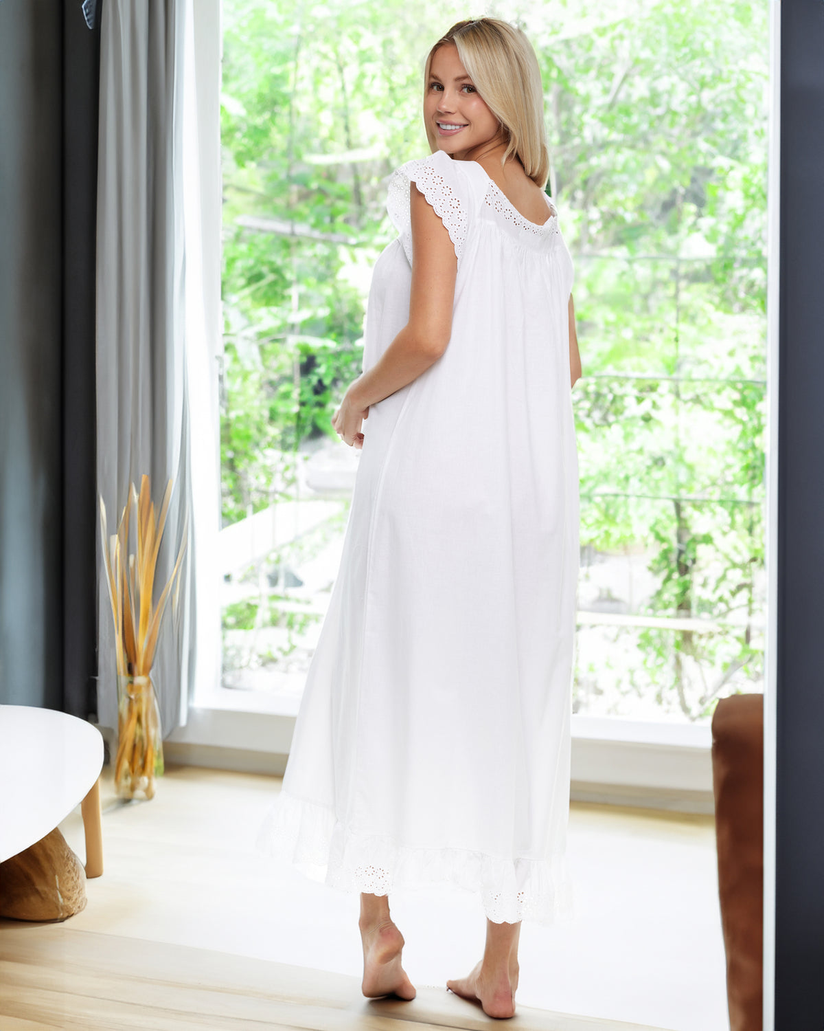 Women's White Version 2 - Katelyn Cotton Victorian Nightgown, Katelyn Short Sleeve Lace Trimmed Button Up Long Nightshirt