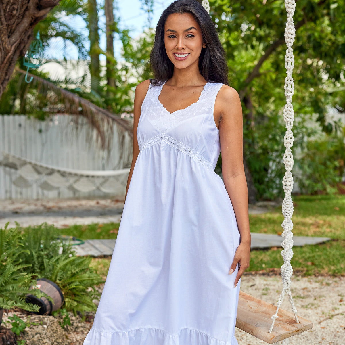 Women's White v2 Cotton Victorian Nightgown, Priscilla Sleeveless Lace Trimmed Deep V-neck Long Night Dress