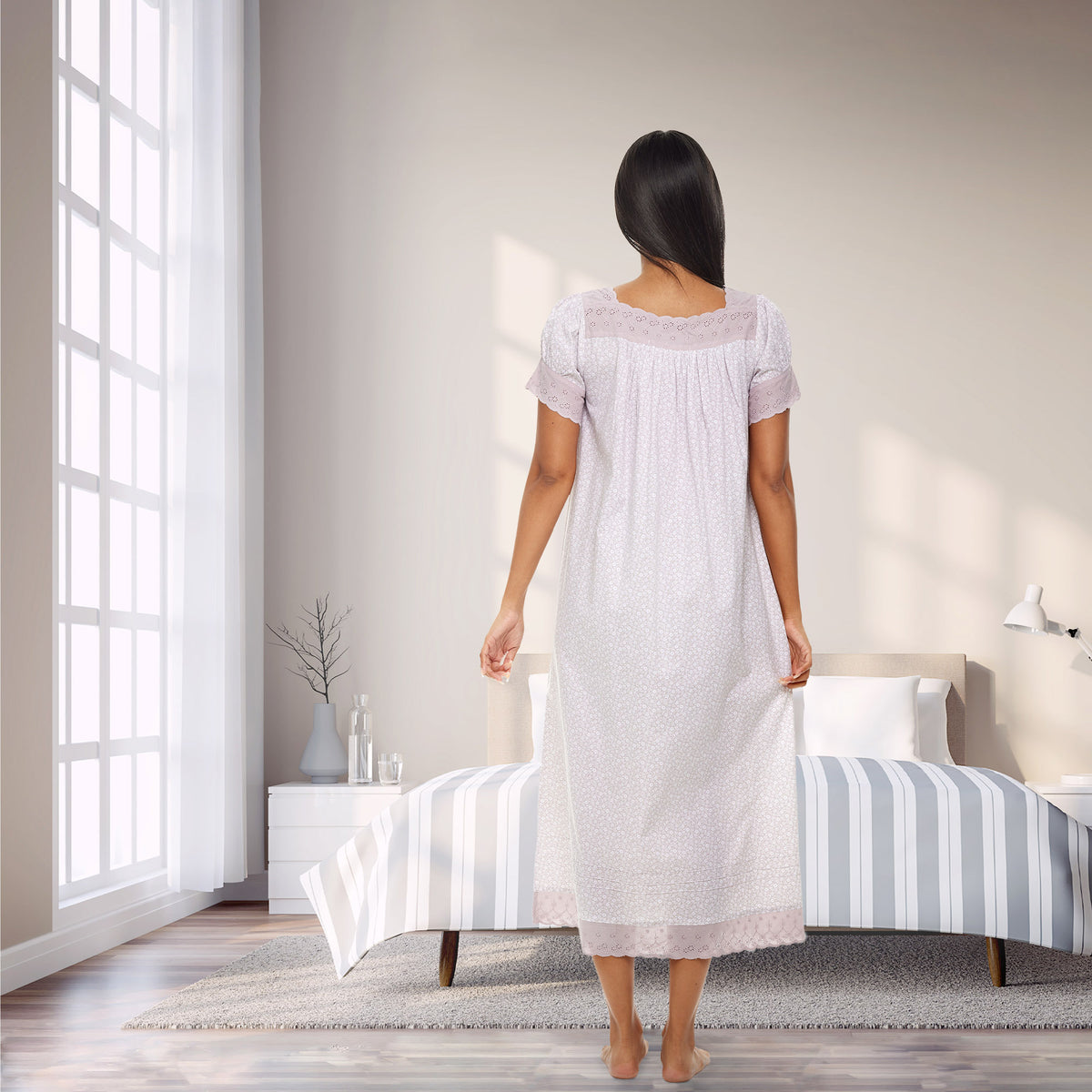 Women's White Floral on Gray Cotton Victorian Nightgown, Amelia Short Sleeve Lace Trimmed Button Up Long Night Dress