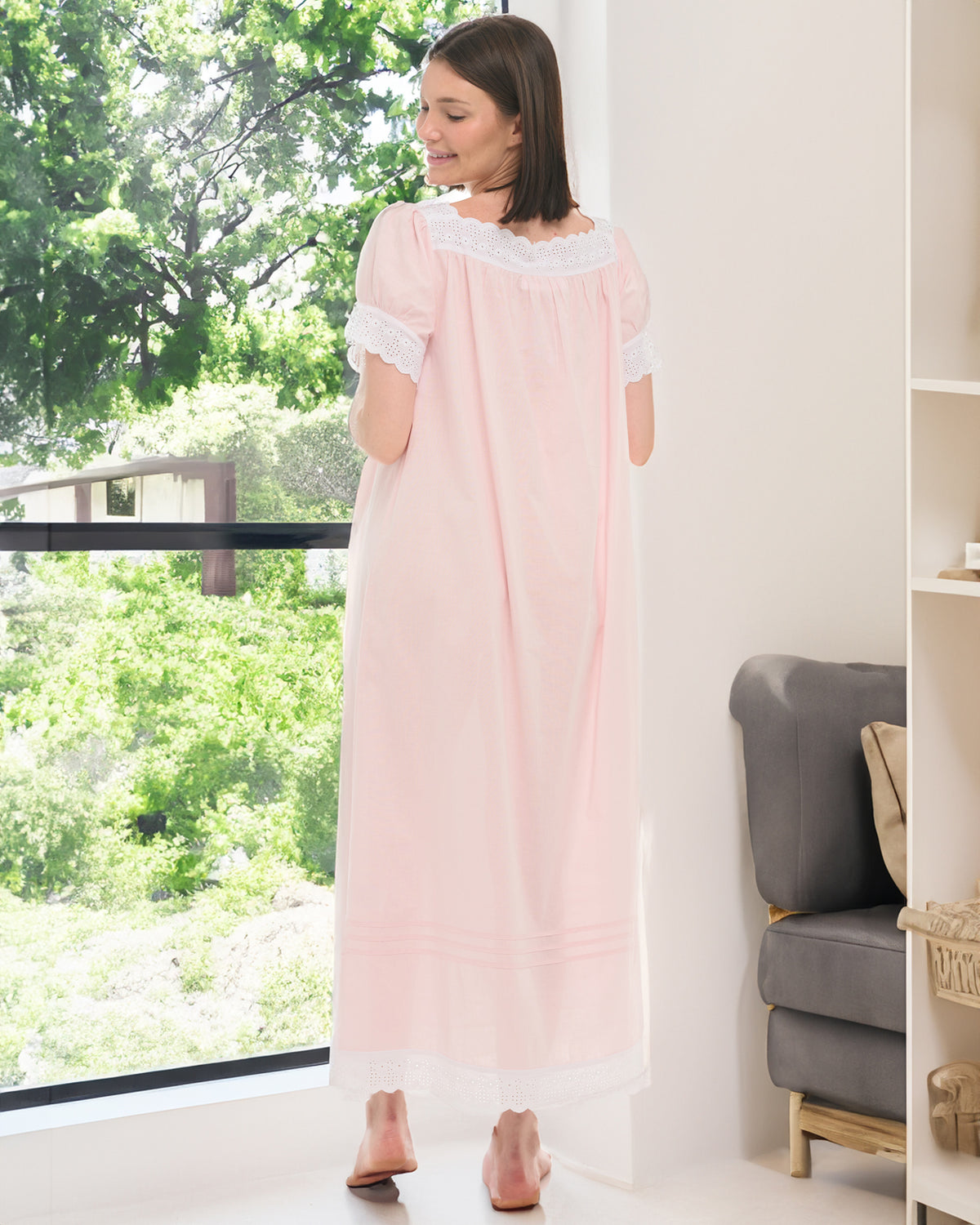 Women's Pink Peach Cotton Victorian Nightgown, Amelia Short Sleeve Lace Trimmed Button Up Long Night Dress
