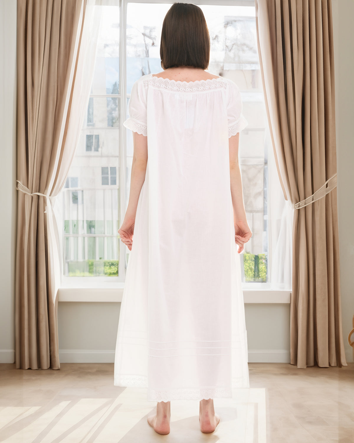 Women's White Version 2 Cotton Victorian Nightgown, Amelia Short Sleeve Lace Trimmed Button Up Long Night Dress
