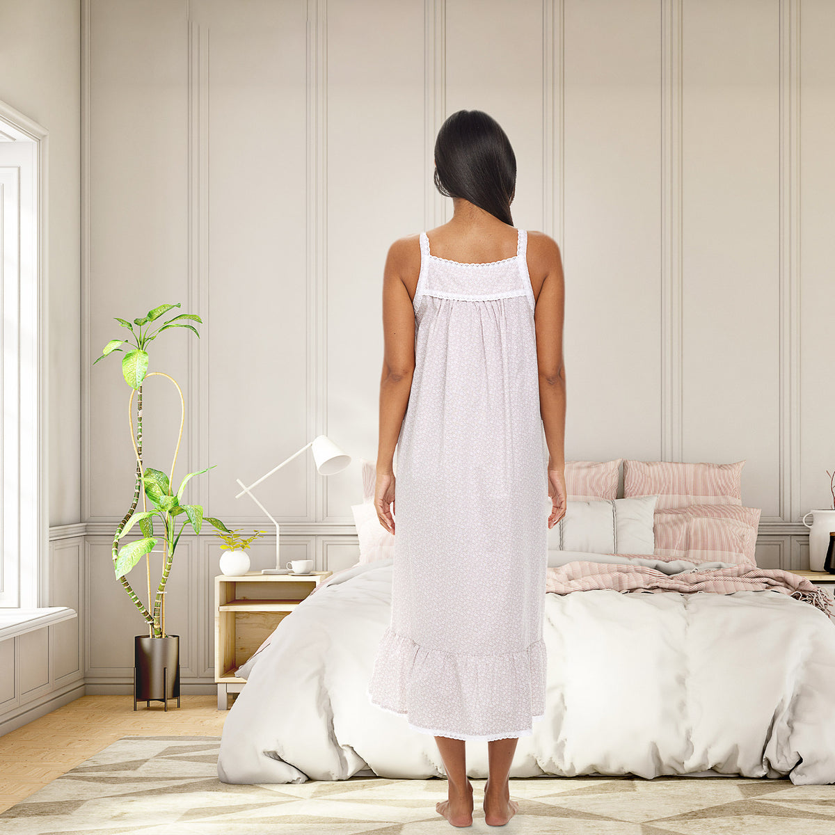 Women's White Floral on Gray Cotton Victorian Nightgown, Cecilia Sleeveless Lace Trimmed Button Up Long Night Dress