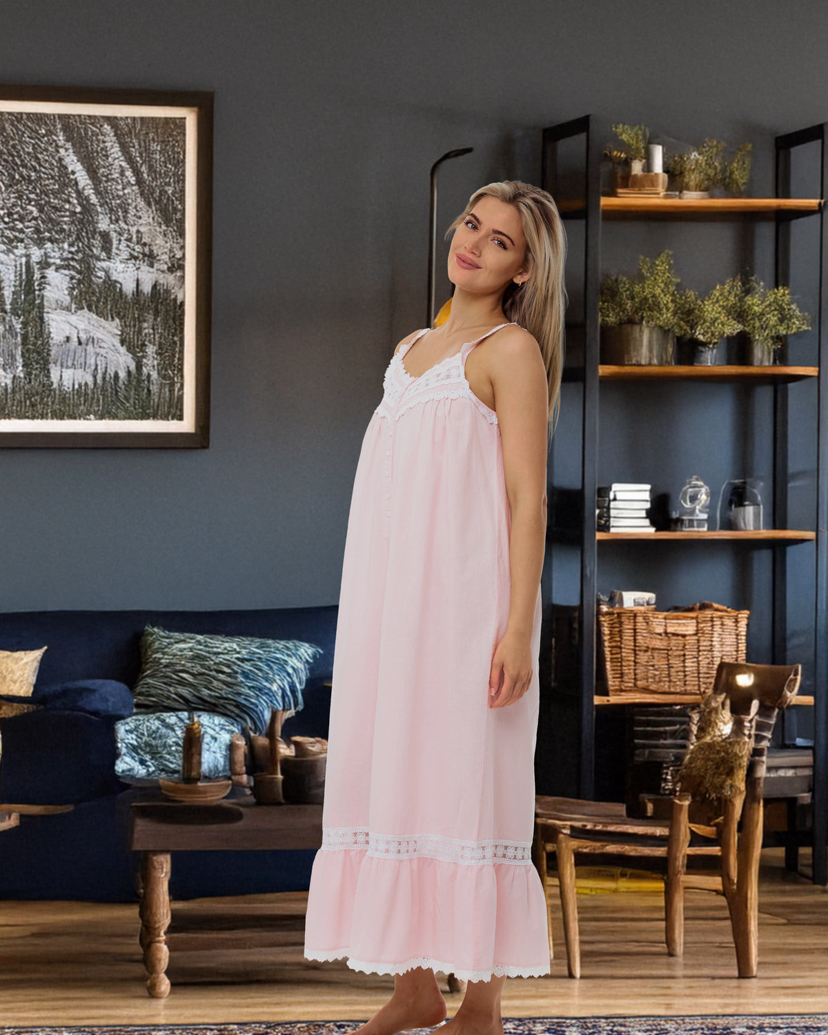 Women's Pink Peach Cotton Victorian Nightgown, Cecilia Sleeveless Lace Trimmed Button Up Long Night Dress