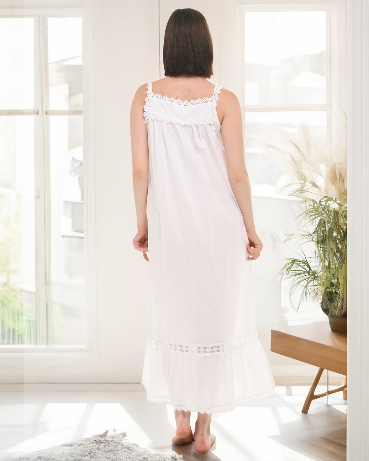 Women's White Version 2 Cotton Victorian Nightgown, Cecilia Sleeveless Lace Trimmed Button Up Long Night Dress