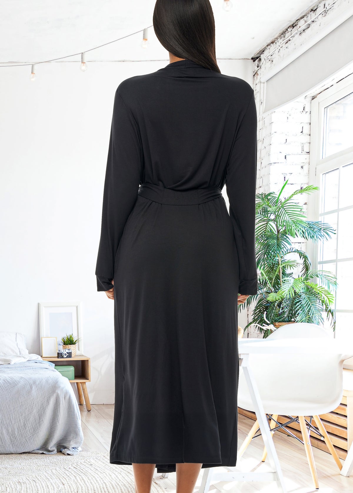 Women's Black Cotton Long Knit Robe with Pockets, Lightweight Bathrobe