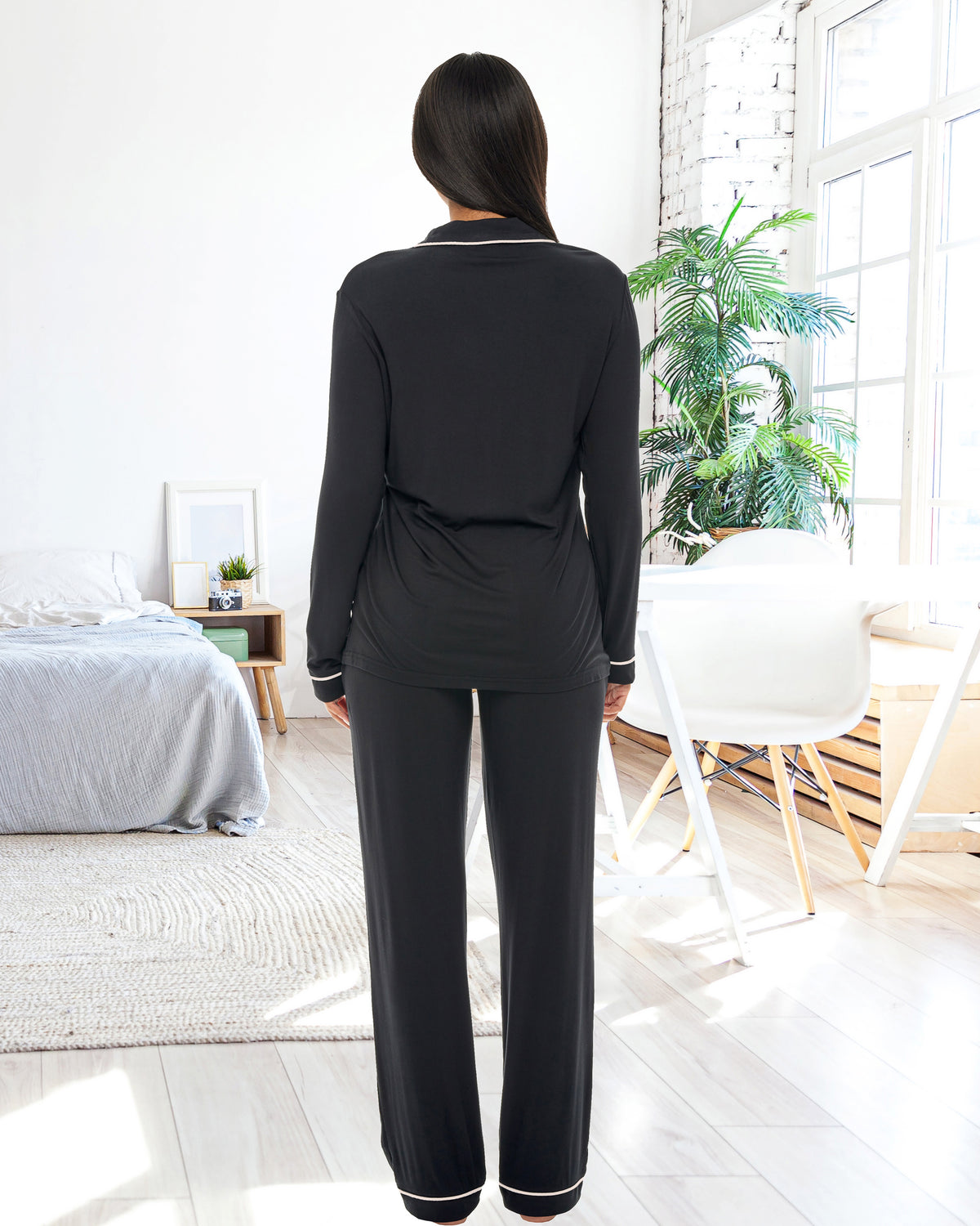 Black Classic Cotton Knit Pajamas Set with Pockets, Lightweight Long Sleeve PJ Set