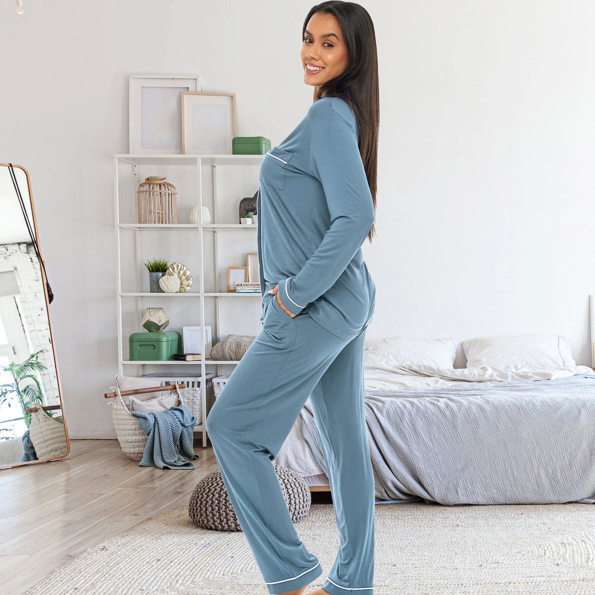 Shadow Blue Classic Cotton Knit Pajamas Set with Pockets, Lightweight Long Sleeve PJ Set