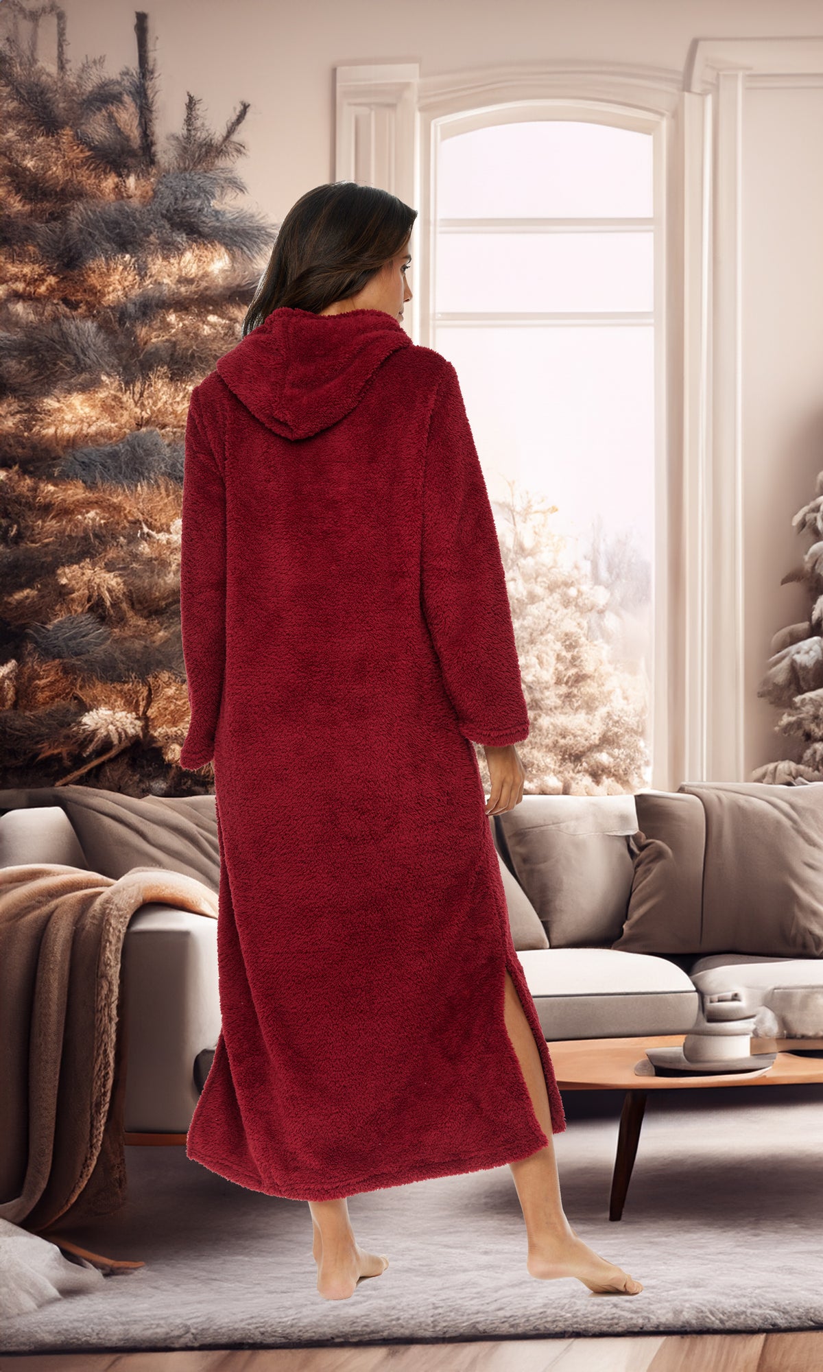 Women's Burgundy Plush Sweatshirt Robe with Pockets, Long Hooded Fleece Duster Kaftan