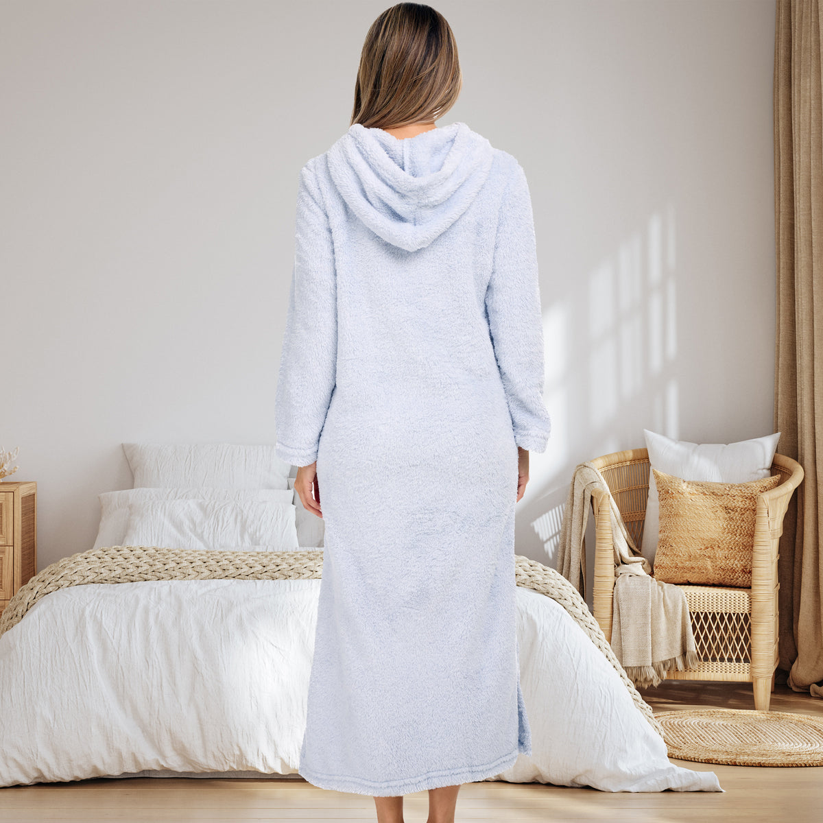 Women's Heathered Light Blue Plush Sweatshirt Robe with Pockets, Long Hooded Fleece Duster Kaftan