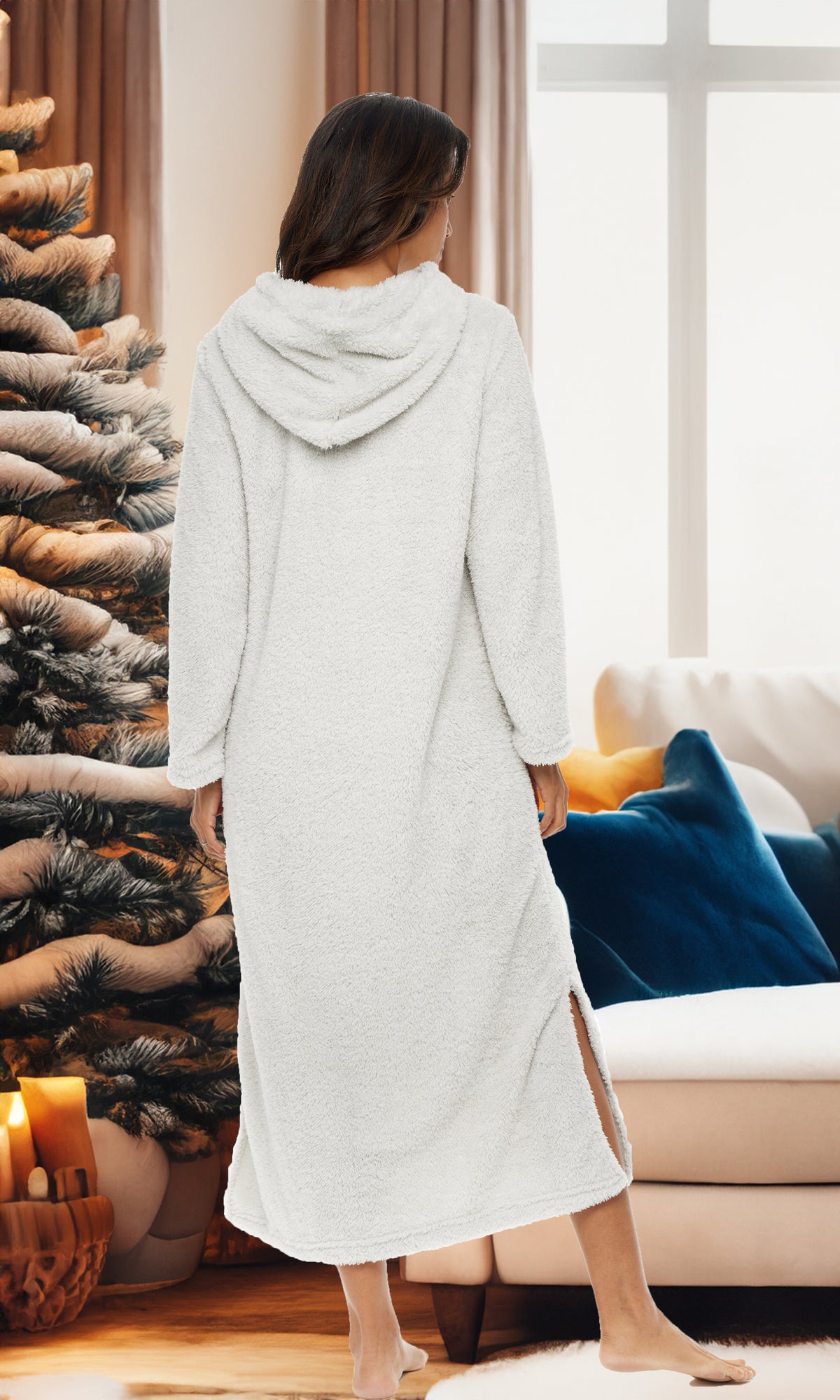 Women's Light Gray Plush Sweatshirt Robe with Pockets, Long Hooded Fleece Duster Kaftan