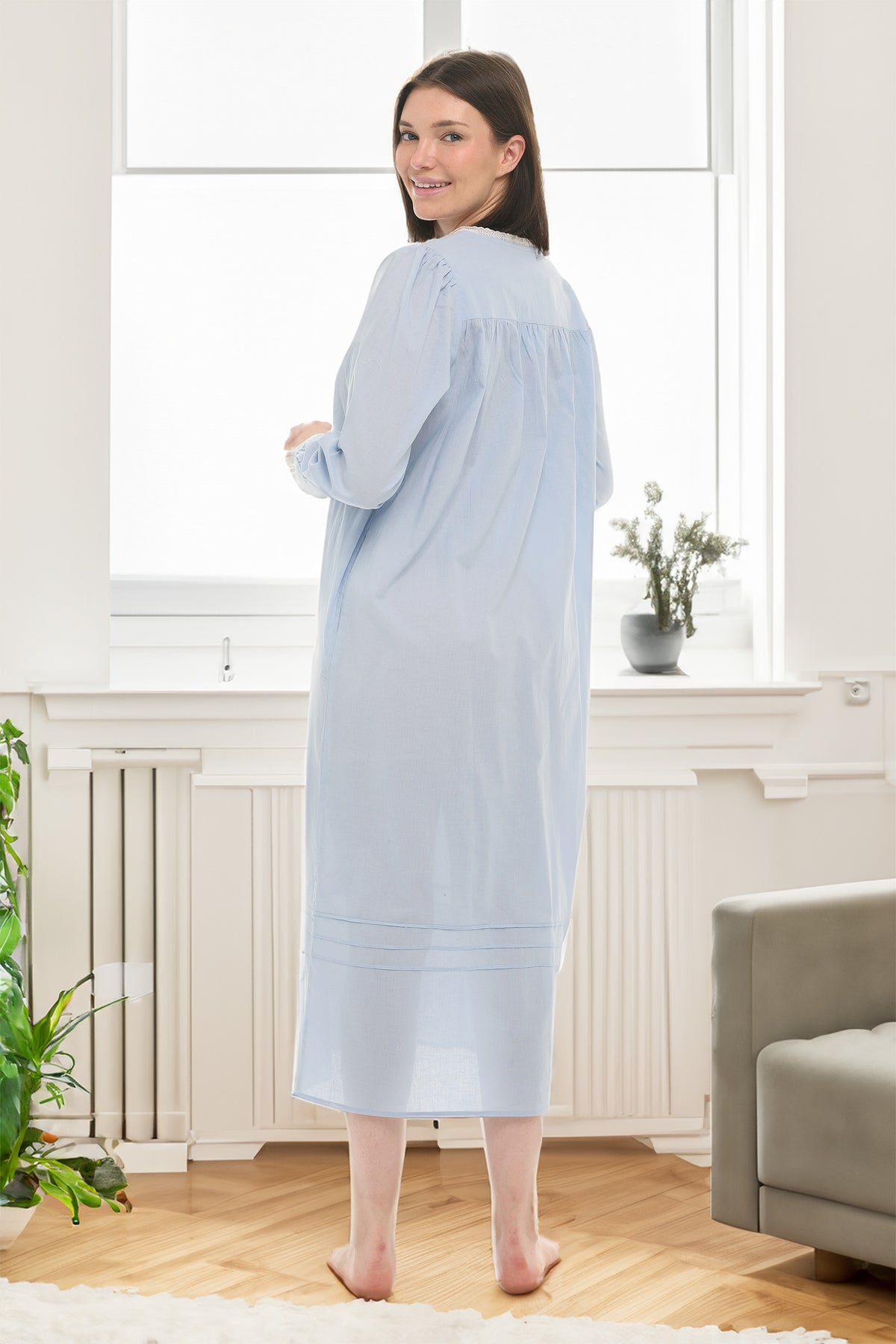 Women's Light Blue Cotton Victorian Nightgown with Pockets, Emily Long Sleeve Lace Trimmed Button Up Long Night Dress