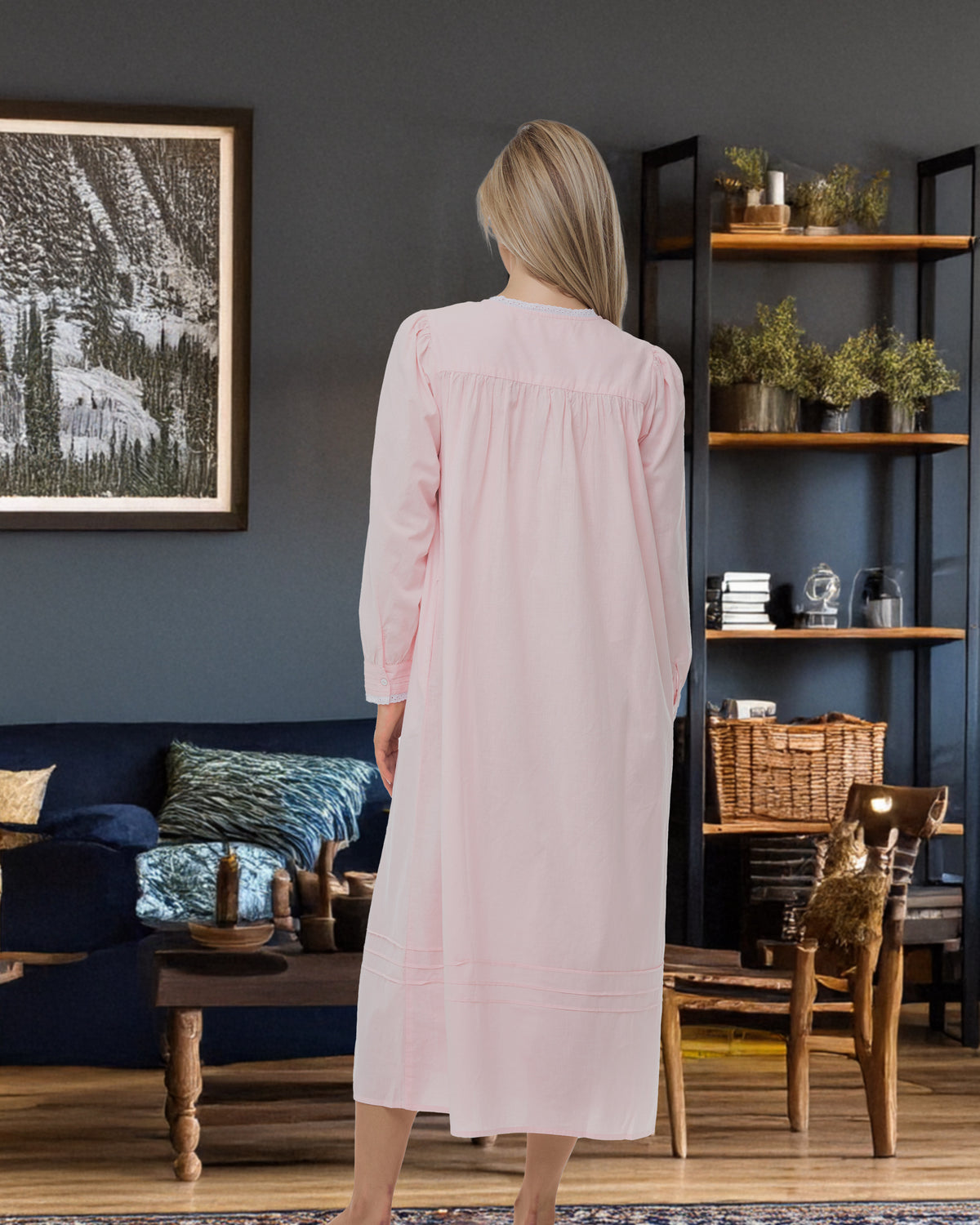 Women's Pink Peach Cotton Victorian Nightgown with Pockets, Emily Long Sleeve Lace Trimmed Button Up Long Night Dress