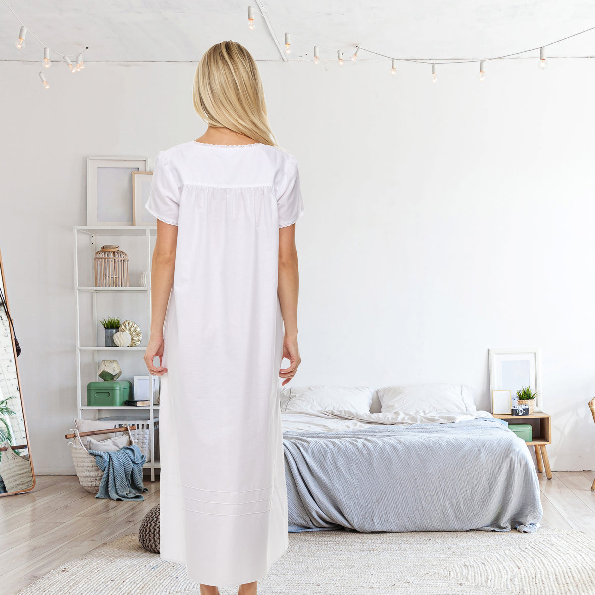 Women's White v2 Cotton Victorian Nightgown with Pockets, Florence Short Sleeve Lace Trimmed Button Up Long Night Dress