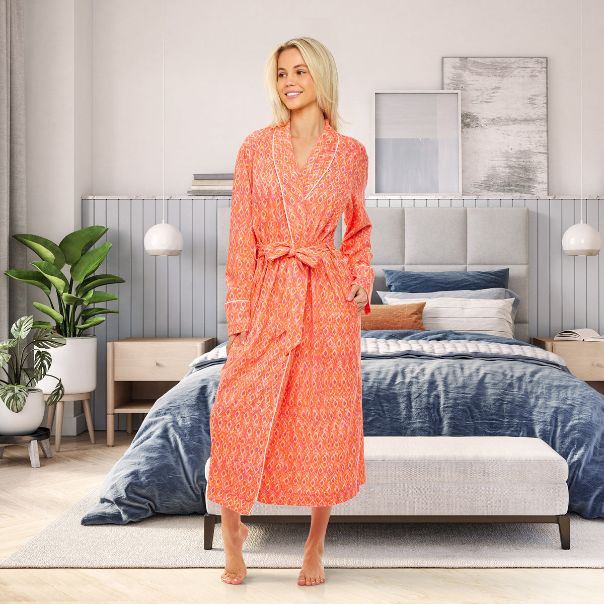 Womens Marmelade Ikat Long Knit Robe with Pockets
