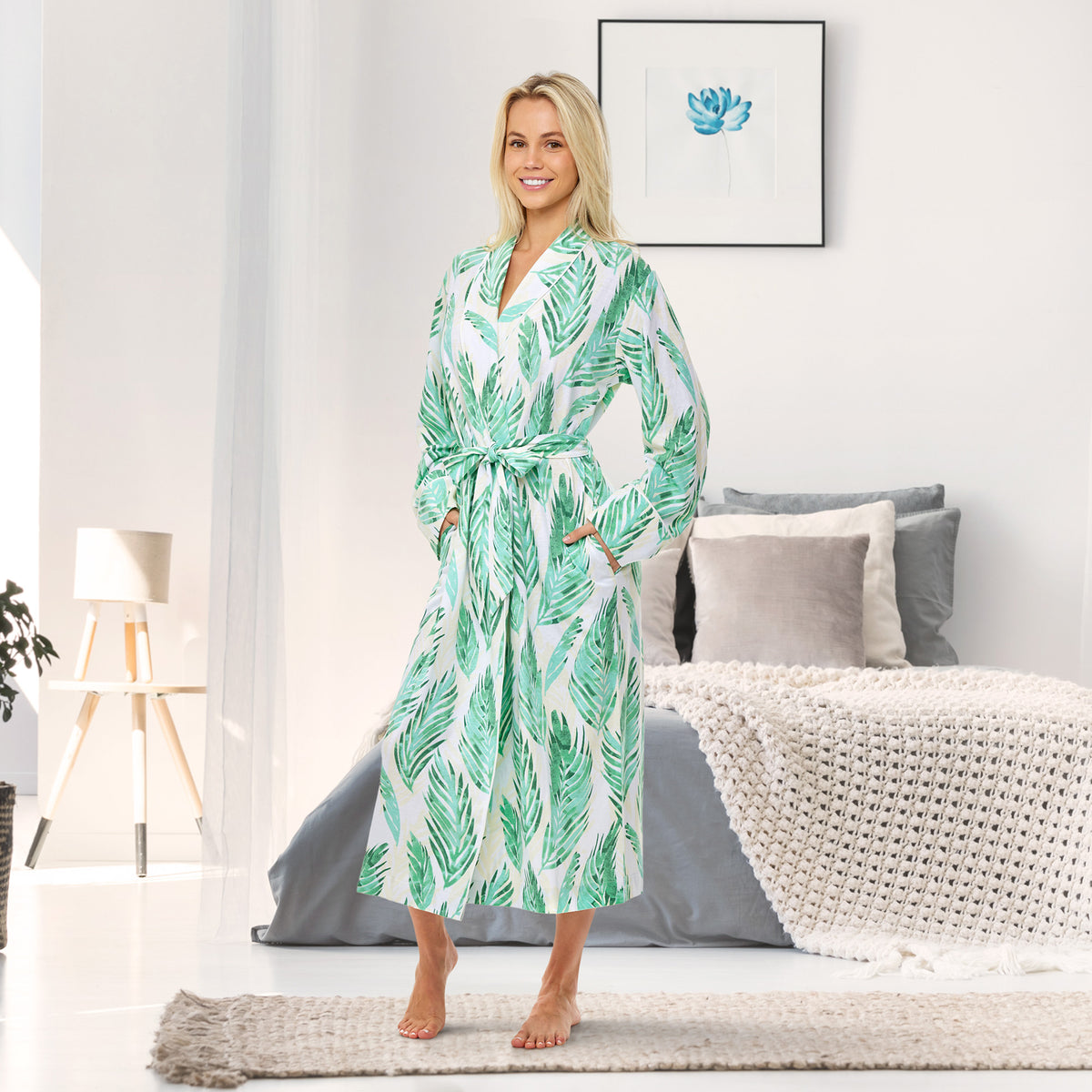 Womens Palm Leaves Long Knit Robe with Pockets
