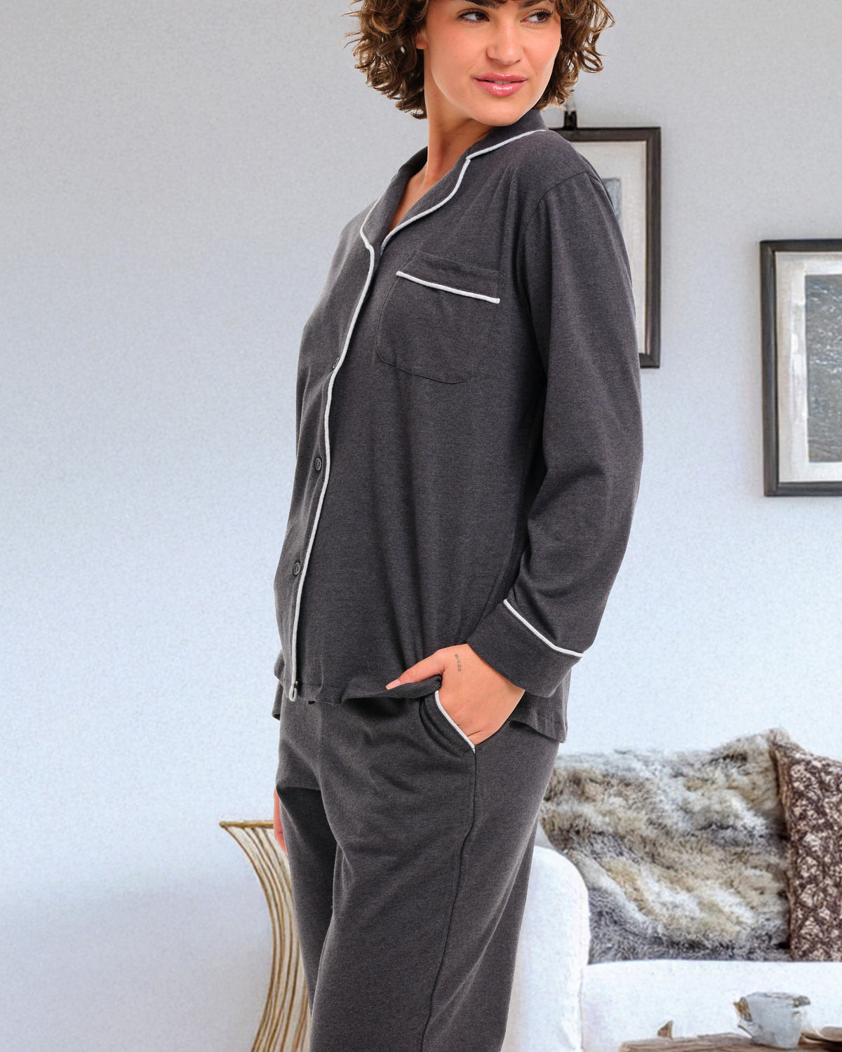 Womens Dark Heathered Gray Long Sleeve Knit Pajamas
