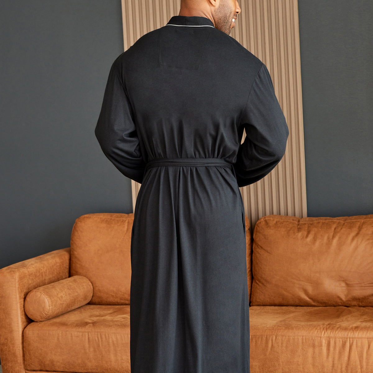 Mens Black - 5 ft 5 in & Taller Long Knit Lounge Robe with Pockets