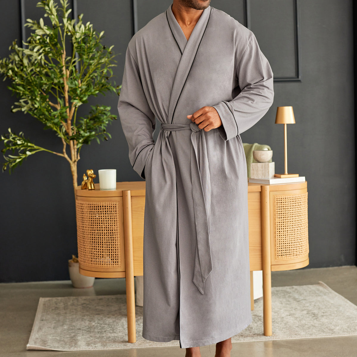 Mens Steel Gray - 5 ft 5 in & Taller Long Knit Lounge Robe with Pockets